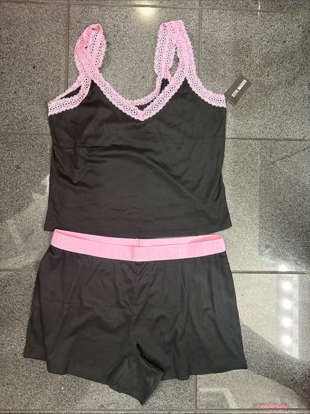 Steve Madden Black Cami & Shorts Sleep Set with Pink Lace Trim